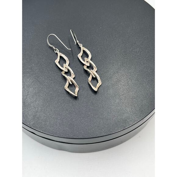 Sterling Silver Designer Signed Twisted Textured Branch Dangle Earrings - Picture 4 of 9